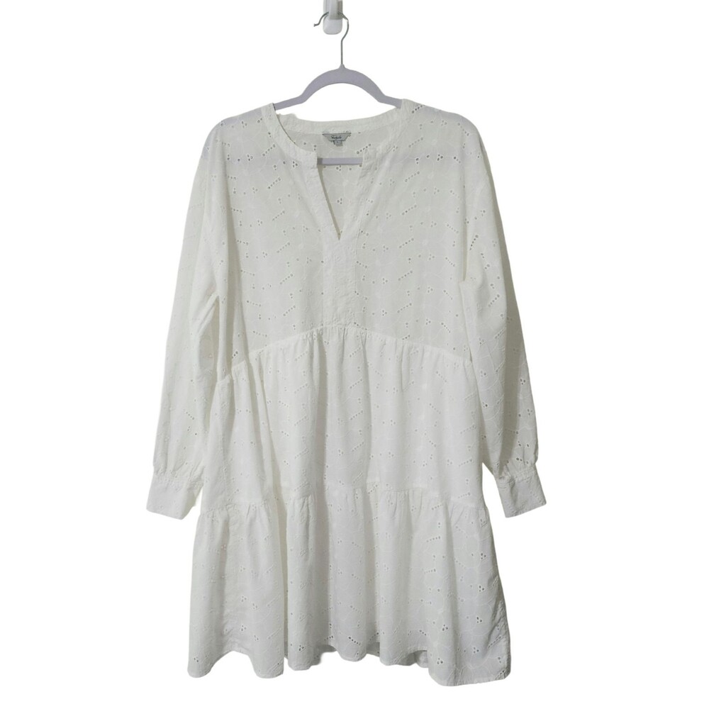 RAILS Layla White Eyelet Lace Dress Womens L Long Sleeve Tiered V-Neck Mini EUC